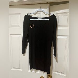 Cache Women Black long sleeve slant neck mini sweater dress gold accents medium